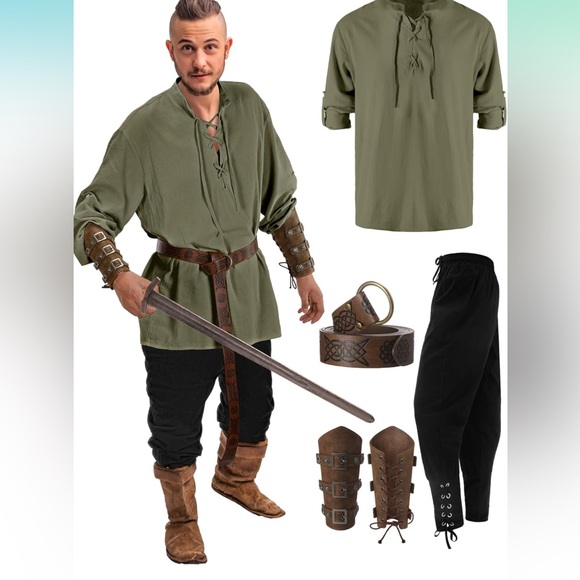 Medieval Renaissance Viking Green Tunic Black Pants with Accessories - Picture 1 of 6